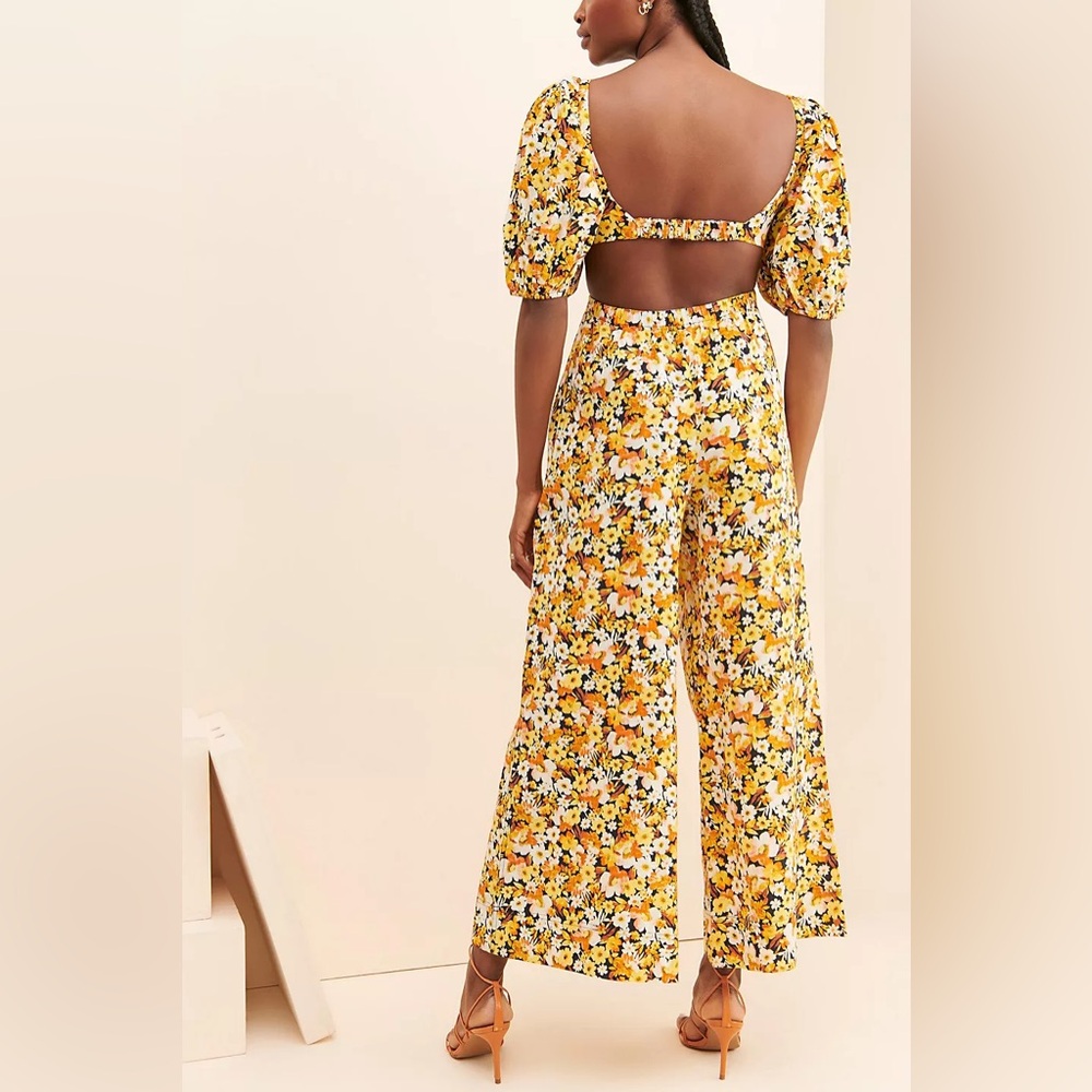 Free People Yellow Floral Back-Cutout Wide-Leg Jumpsuit